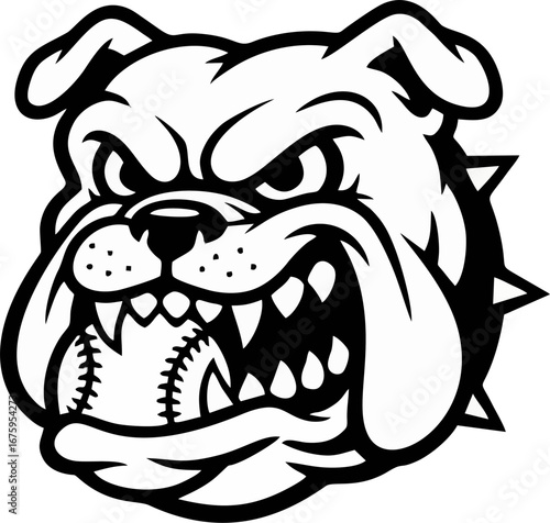 Fierce Bulldog Mascot Logo Biting Baseball – Aggressive Sports Team Emblem in Bold Vector Outline