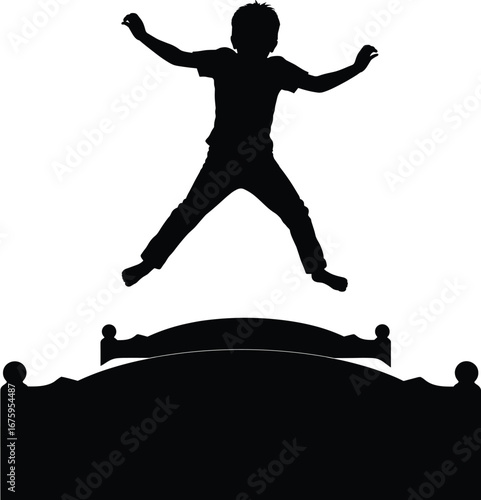Silhouette of playful child jumping high on bed with arms up, expressing energy, fun, excitement, freedom, and childhood joy.