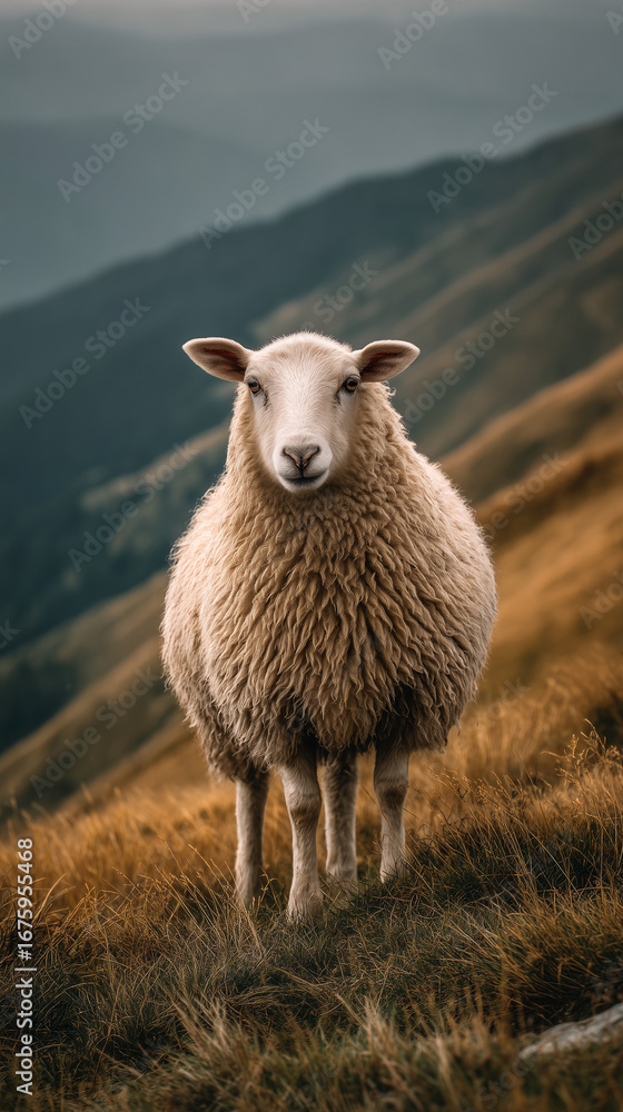 Fototapeta premium Solitary Sheep: An endearing close-up portrait of a sheep, posed serenely in a mountainous landscape, capturing a sense of peaceful solitude amid nature's grandeur.
