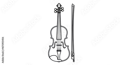 Simple Line Drawing of a Violin and Bow.