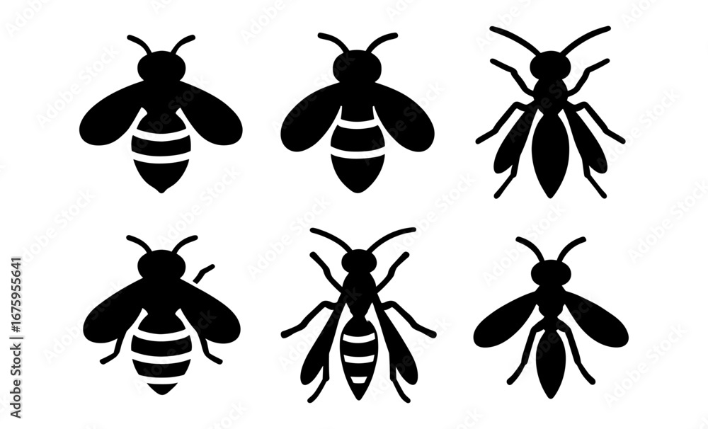 Fototapeta premium Silhouette set of bees and wasps with diverse wing patterns and body shapes