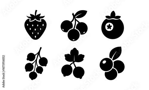 Silhouette fruit icons: strawberry, cherry, blueberry, currant in modern black design