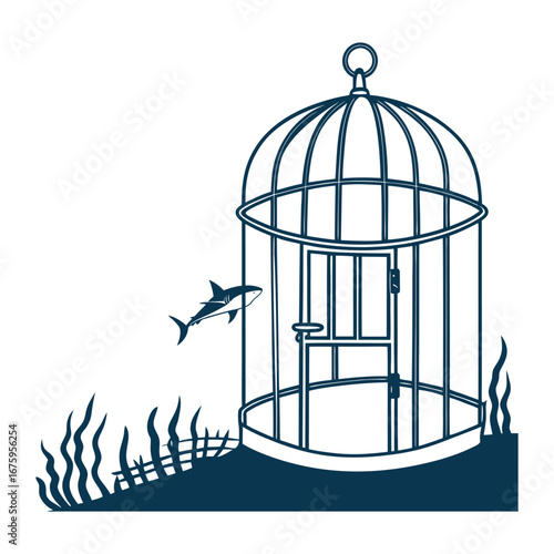 Surreal shark swimming beside a submerged birdcage with seaweed and kelp conceptual ocean vector art