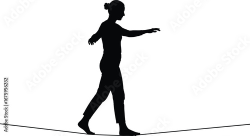 Silhouette of woman balancing on tightrope, walking carefully with arms outstretched, showcasing focus, agility, and skill in high wire performance