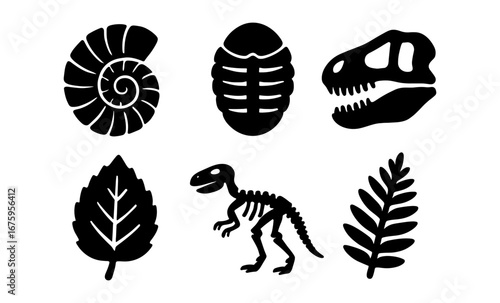 Silhouette icons of fossils and prehistoric elements in black and white