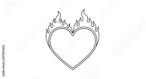 Burning Heart Outline - Heart shape surrounded by flames, single continuous line drawing.