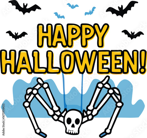 Spooky halloween graphic featuring a white skeleton and festive colors