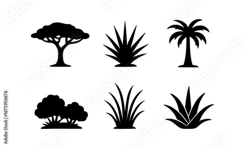Collection of tree and plant silhouettes featuring acacia, agave, palm, and bushes