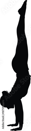 Silhouette of woman doing handstand pose, demonstrating balance, strength, yoga, fitness, workout, and body control in vector style