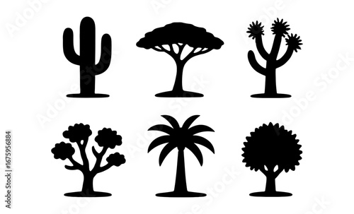 Diverse tree silhouettes collection: cactus, palm, and more in bold design