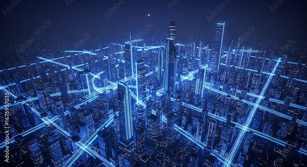 Fototapeta premium Aerial view of a futuristic city with glowing blue digital network lines