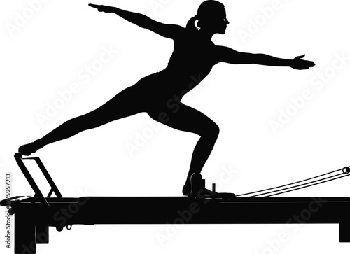 Silhouette of woman performing pilates on reformer machine, demonstrating strength, balance, flexibility, core fitness, posture and body control