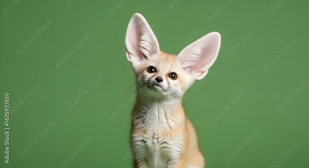 Obraz premium Fennec fox with inquisitive gaze poses against a smooth green backdrop creating minimalist portrait