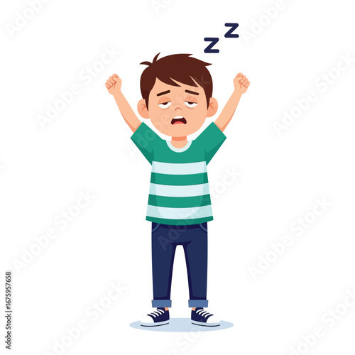 Tired boy waking up : An illustration of a sleepy child in a striped t-shirt and jeans is just waking up.