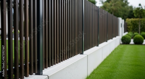 Modern dark slat fence and green lawn in a contemporary garden setting.