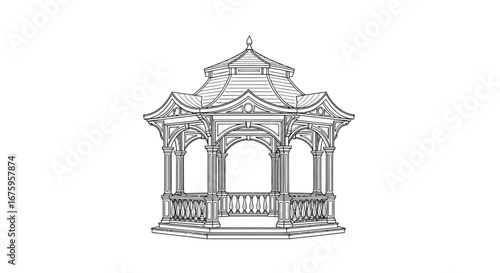 Ornate Victorian-style gazebo with intricate detailing and a multi-tiered roof.