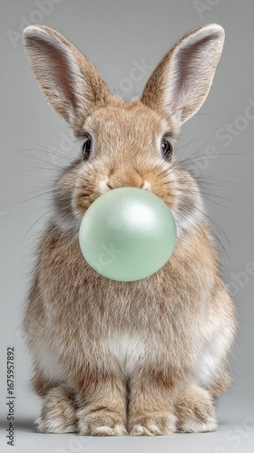 Adorable Brown Bunny Rabbit Blowing a Pale Green Bubblegum Balloon with Fluffy Fur and Alert Ears in Studio Settingrabbit