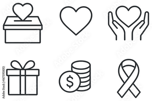 Charity and donations linear icons set. featuring donation box, heart, hands, gift, coins, awareness ribbon