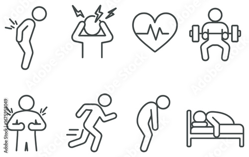Health and fitness linear icon set. featuring back pain, headache, heart health, weightlifting, anxiety, running, fatigue, and sleep icons