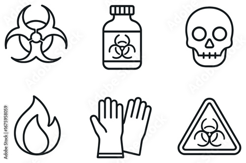 Hazard warning linear icon set. featuring biohazard, bottle, skull, flame, gloves, and triangle symbols