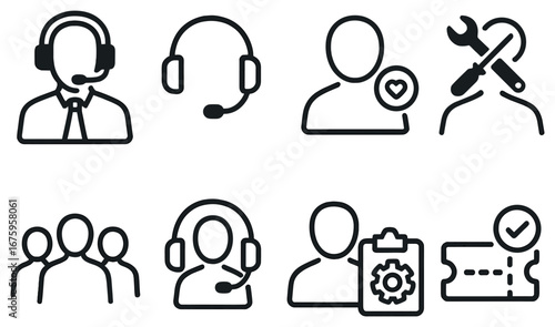 Customer support linear icon set. featuring headset, user, wrench, group, clipboard, ticket