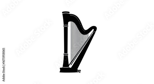 Elegant Black Harp Illustration with Strings and Soundbox.
