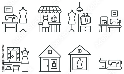 Fashion boutique linear icon set. featuring sewing machine, mannequin, shop, dress, tailor symbols