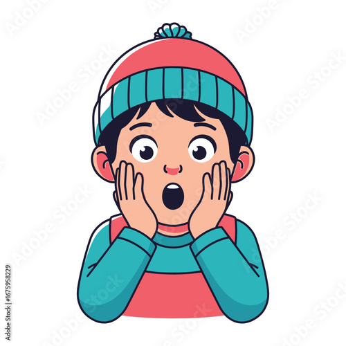 Astonished kid: Capturing a moment of sheer wonder and disbelief, the artwork illustrates a young child with wide, expressive eyes and hands cupping their cheeks.