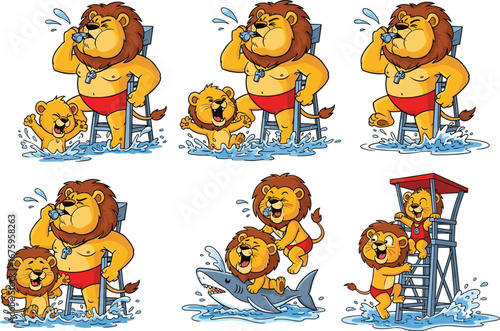 PrintCartoon lion lifeguard and playful cubs splashing in water, using whistle, climbing tower, riding shark in fun summer scene.