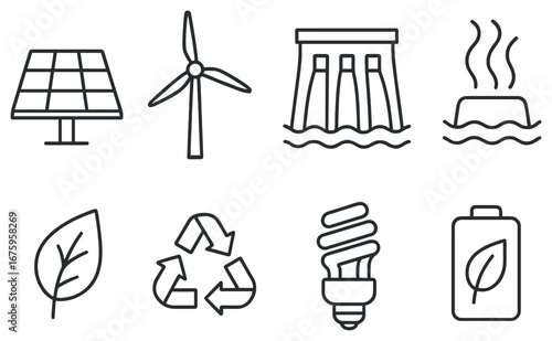 Eco energy linear icon set. featuring solar panel, wind turbine, hydroelectric, geothermal, leaf, recycling, cfl bulb, battery