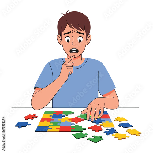 Contemplative puzzle solver: A person is thoughtfully focused on a jigsaw puzzle, a tangible symbol of life's challenges and the search for solutions.