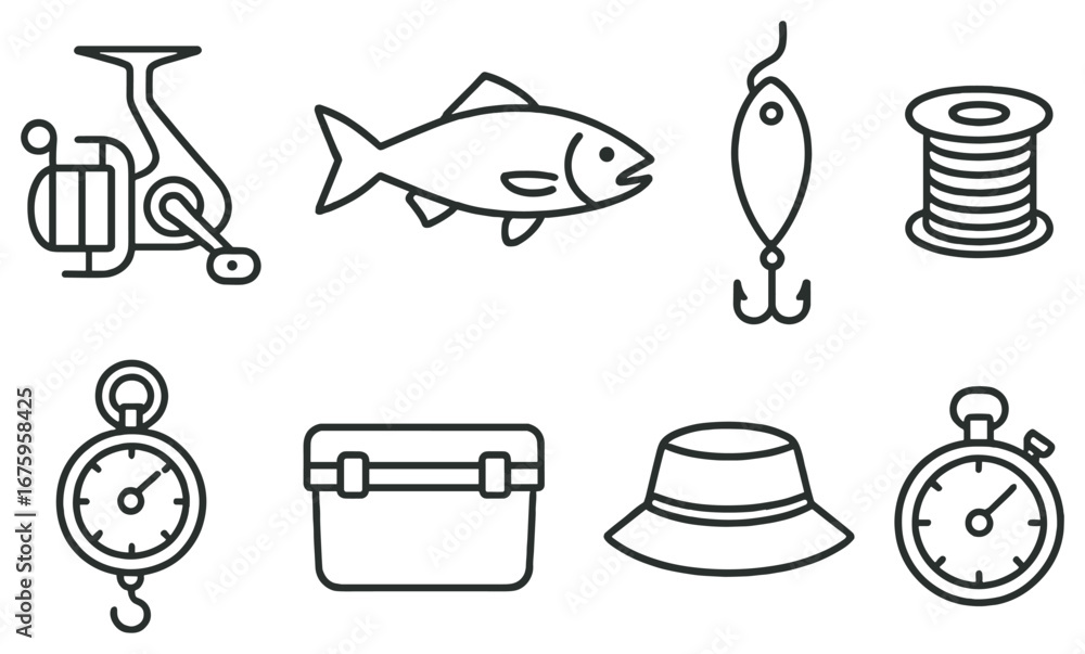Fototapeta premium Fishing gear linear icon set. featuring reel, fish, lure, line, stopwatch, tackle box, hat