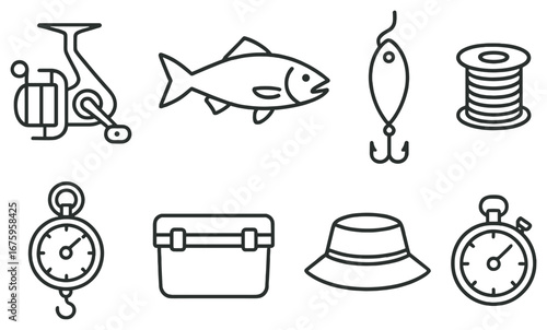 Fishing gear linear icon set. featuring reel, fish, lure, line, stopwatch, tackle box, hat