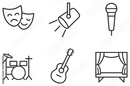 Theater and music linear icon set. featuring drama masks, spotlight, microphone, drum set, guitar, stage