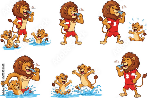PrintCartoon lion lifeguard and playful lion cubs swimming, splashing, and having fun at the pool, perfect for summer safety illustrations.