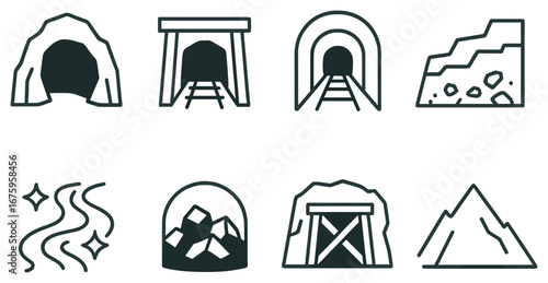 Mining linear icon set. featuring cave, tunnel, tracks, minerals, steam, rocks, and mountain symbols