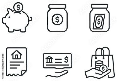 Finance and banking linear icon set. featuring piggy bank, jar, receipt, check, and shopping bag symbols