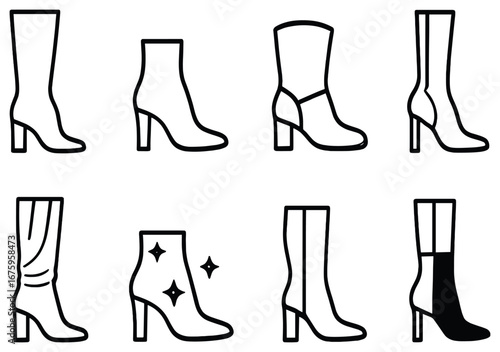 Fashion footwear linear icon set. featuring ankle, knee-high, sparkly, pointed, and high-heeled boots