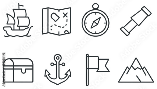 Adventure and exploration linear icon set. featuring ship, map, compass, telescope, chest, anchor, flag, and mountain symbols