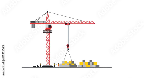 Red Construction Crane Lifting Building Materials with Workers.