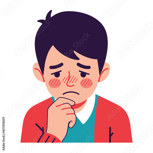 Moment of Contemplation: An illustrated individual, lost in thought, gently touches their chin, depicting a state of introspection and the complex depths of the human psyche.