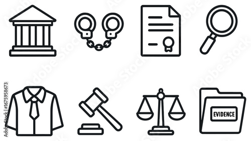 Law and order linear icon set. featuring courthouse, handcuffs, document, magnifying glass, shirt, gavel, scales, and files