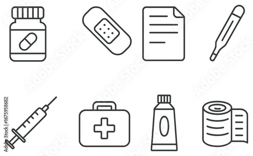 Healthcare linear icon set. featuring medicine bottle, bandage, document, thermometer, syringe, kit, ointment, gauze