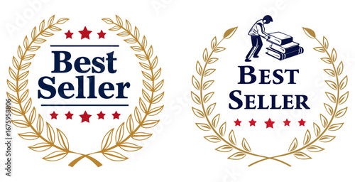 Two Best Seller Seals with Laurel Wreaths Stars and a Person Stacking Books seals