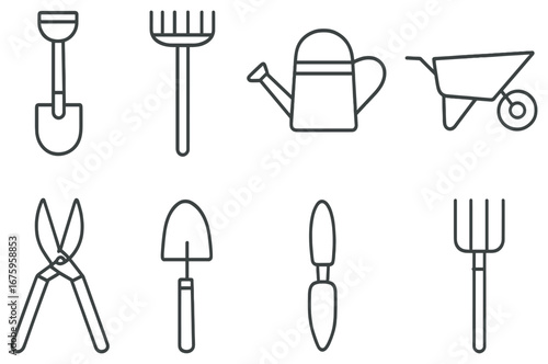 Gardening tools linear icon set. featuring shovel, rake, watering can, wheelbarrow, shears, trowel, dibber, pitchfork