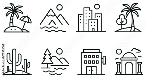 Vacation linear icon set. featuring beach, mountains, city, palm, desert, forest, building, temple