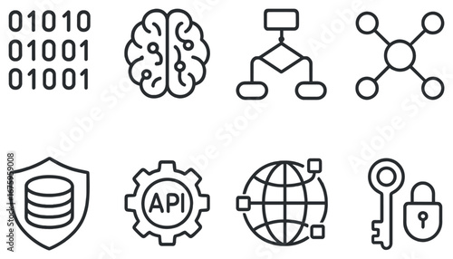 Technology linear icon set. featuring binary, brain, flowchart, network, security, api, globe, and lock