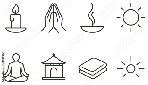 Spiritual wellness linear icon set. featuring candle, prayer, incense, sun, meditation, temple, towel symbols