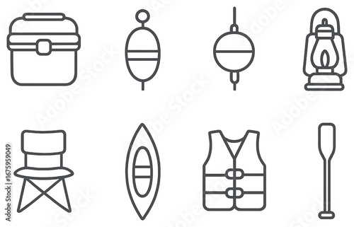 Camping essentials linear icon set. featuring lantern, cooler, fishing bob, chair, kayak, life vest, paddle