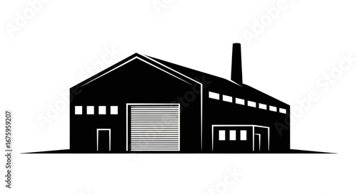 Black Silhouette of Industrial Warehouse Building.